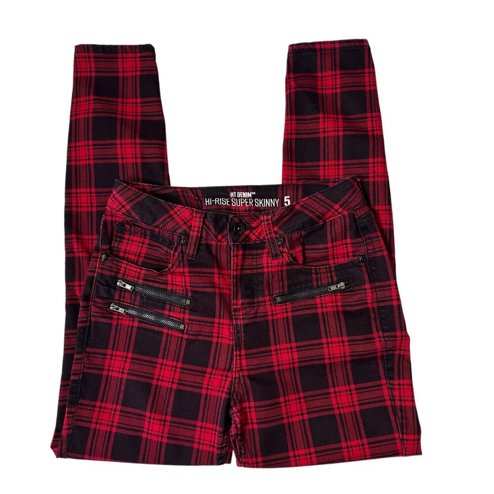 Hot Topic Black Red Plaid Emo Super Skinny Jeans 5